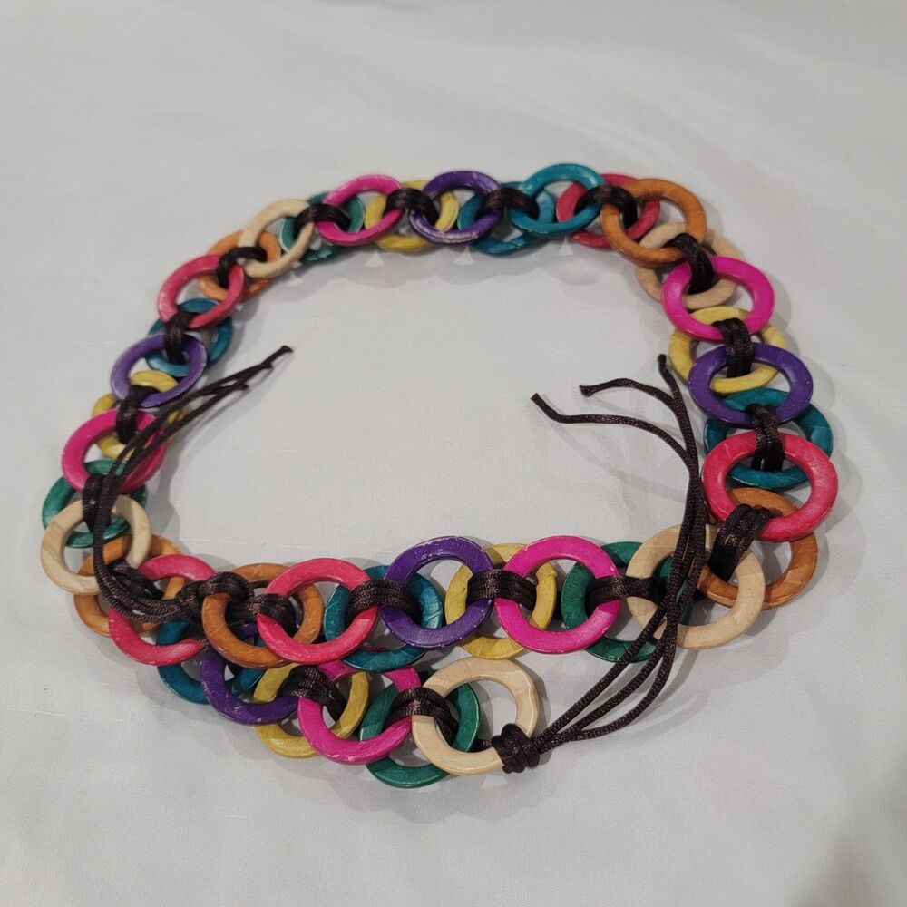 Y2K Womens Tie‎ Belt Retro Colorful Vintage Wooden Circle Hippie Rainbow